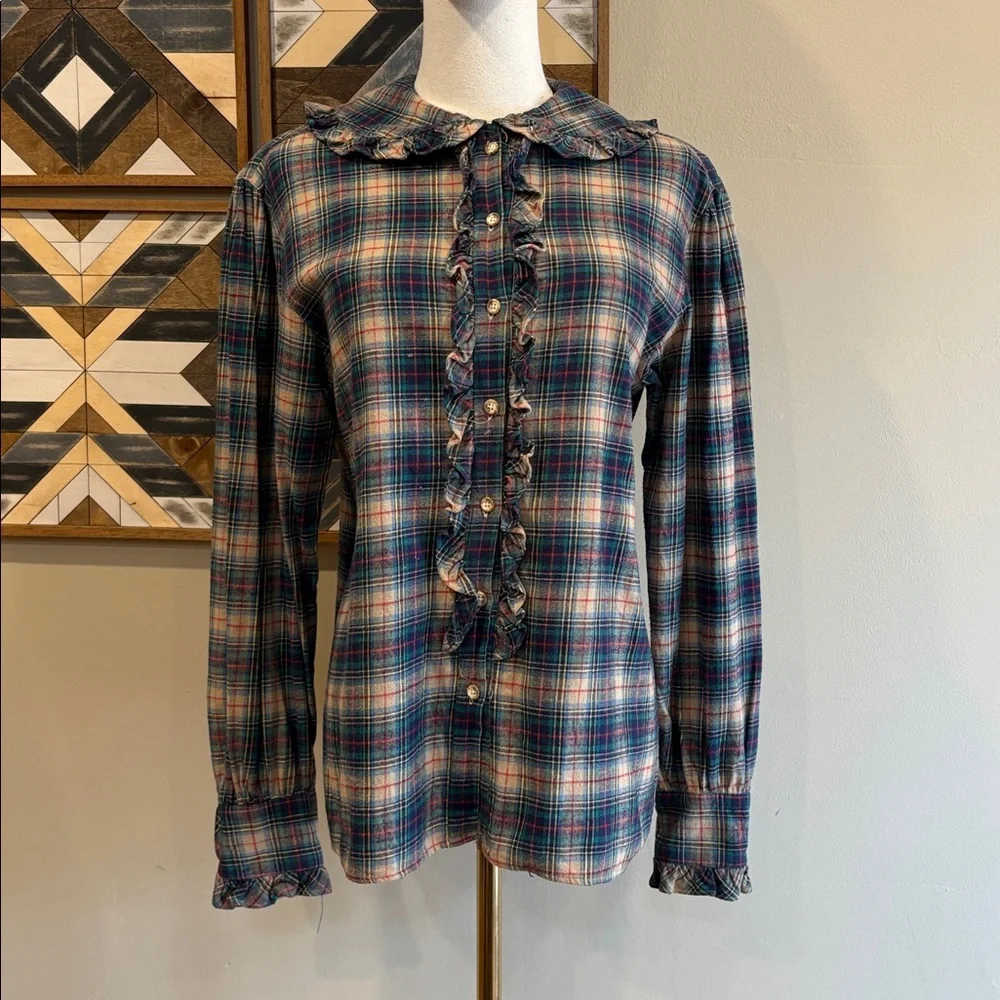 Vintage Ralph Lauren Plaid Cotton Flannel Button-Down Ruffle Blouse size 10 - Picture 2 of 11